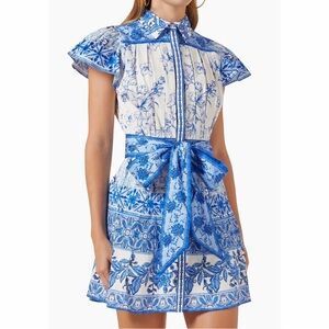 Alice + Olivia Tiffie Greek Tile Print Mini Shirt Dress Blue Floral Belted 8